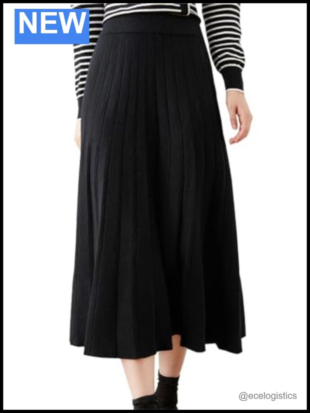 Pleated Knit Midi Skirt High Waist Elastic Stretchy A-Line